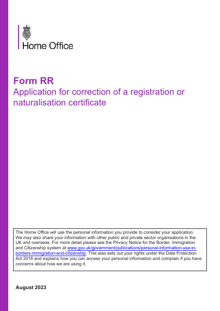 Form RR Application for Correction of a Registration or Naturalisation Certificate - United Kingdom