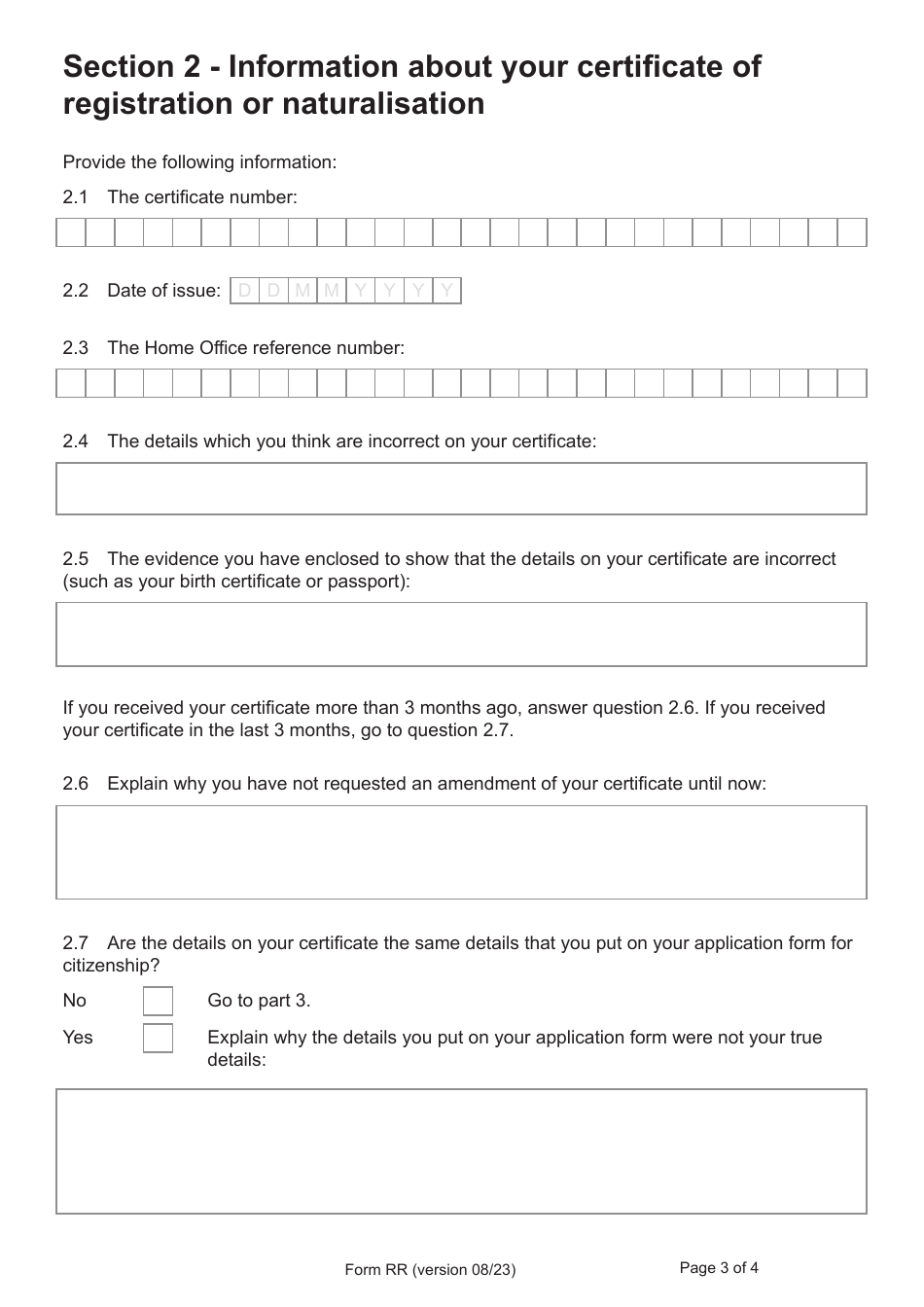 Form RR Application for Correction of a Registration or Naturalisation Certificate - United Kingdom, Page 3