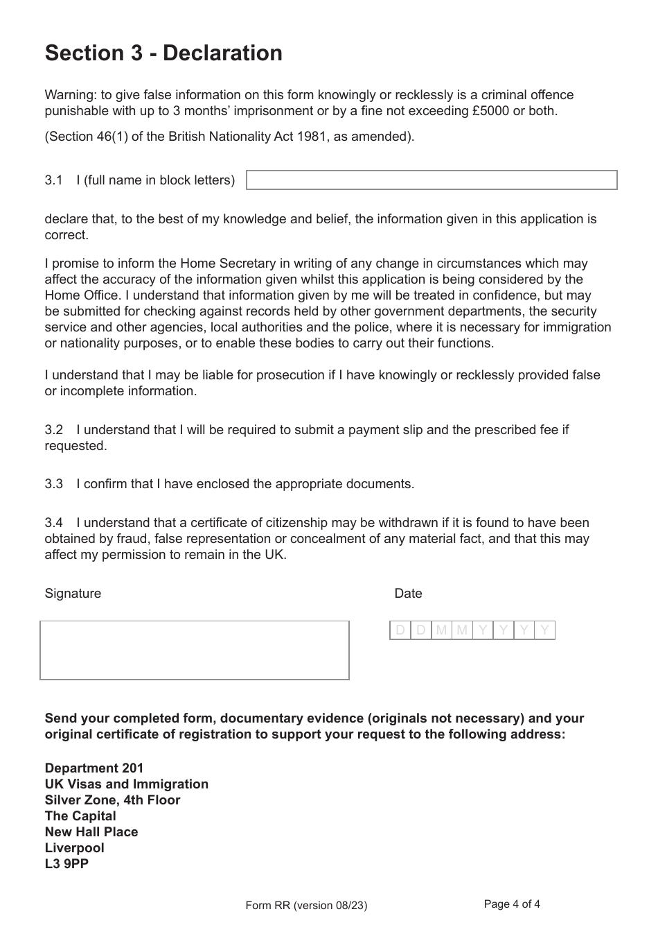 Form RR Application for Correction of a Registration or Naturalisation Certificate - United Kingdom, Page 4