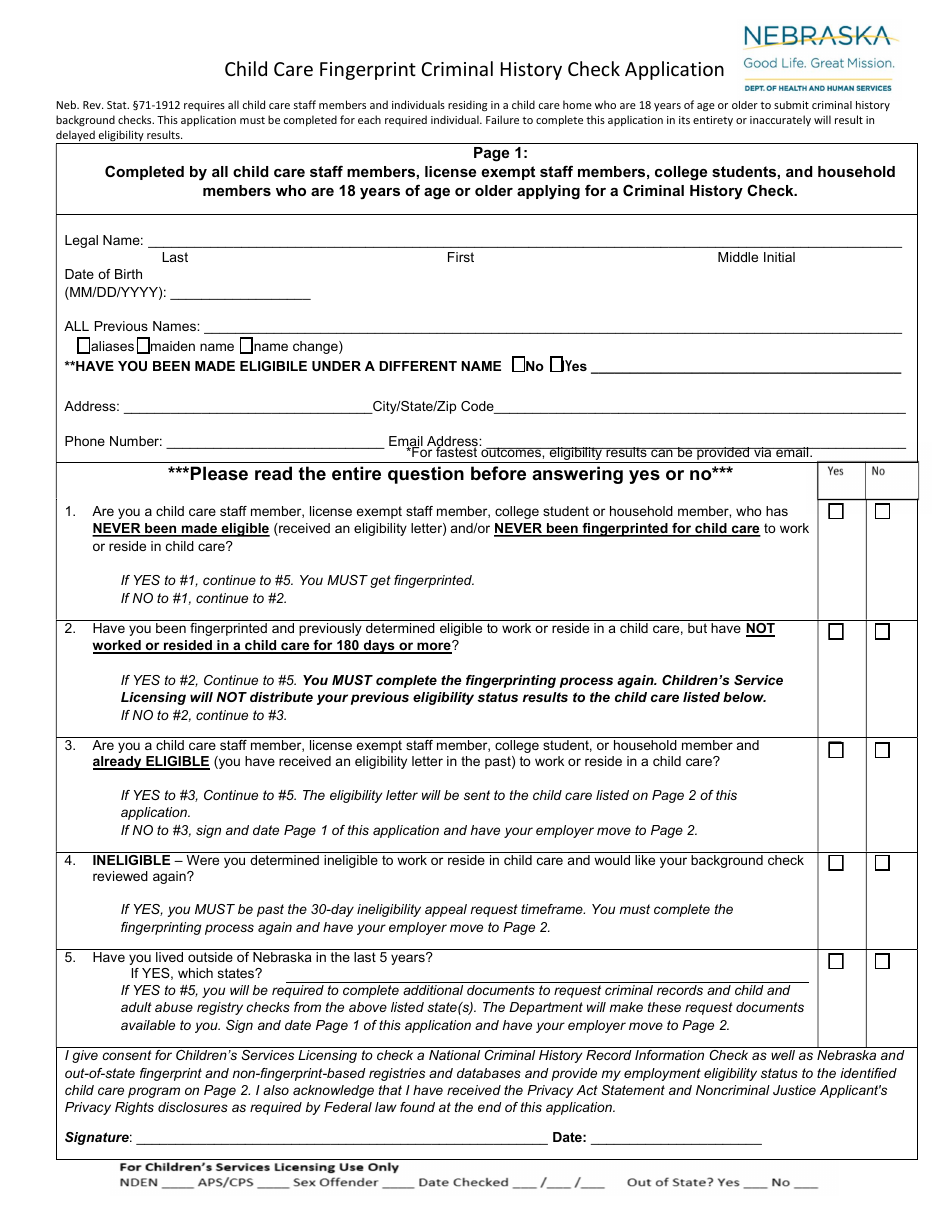 Child Care Fingerprint Criminal History Check Application - Nebraska, Page 1
