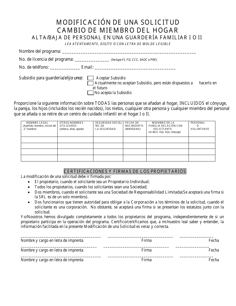 Modificacion De Una Solicitud Cambio De Miembro Del Hogar - Alta / Baja De Personal En Una Guarderia Familiar I O Ii - Nebraska (Spanish), Page 2