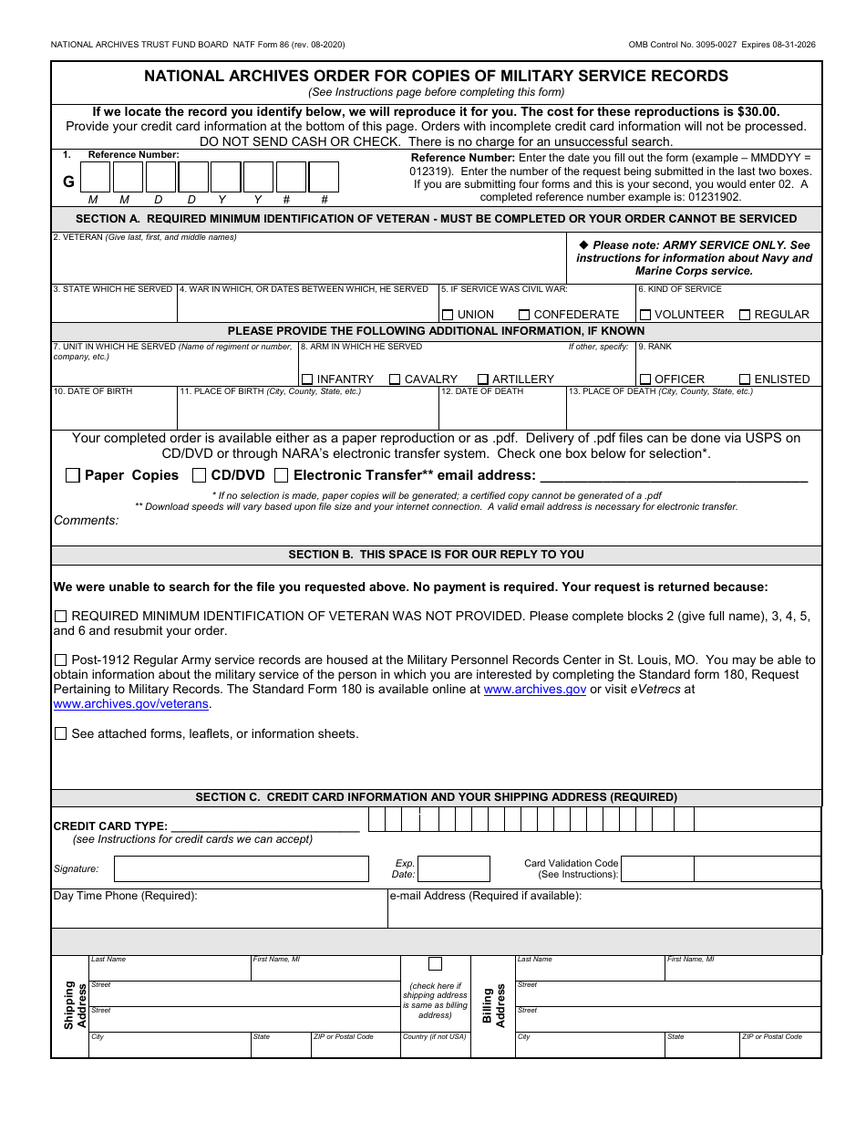 Natf Form 86 Download Printable Pdf Or Fill Online National Archives Order For Copies Of 9851