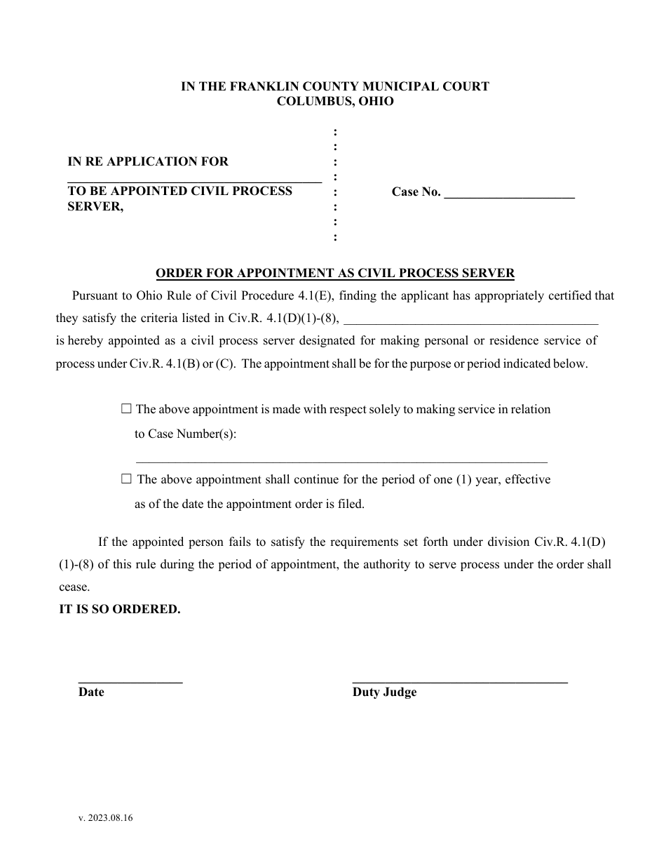 Franklin County, Ohio Order for Appointment as Civil Process Server