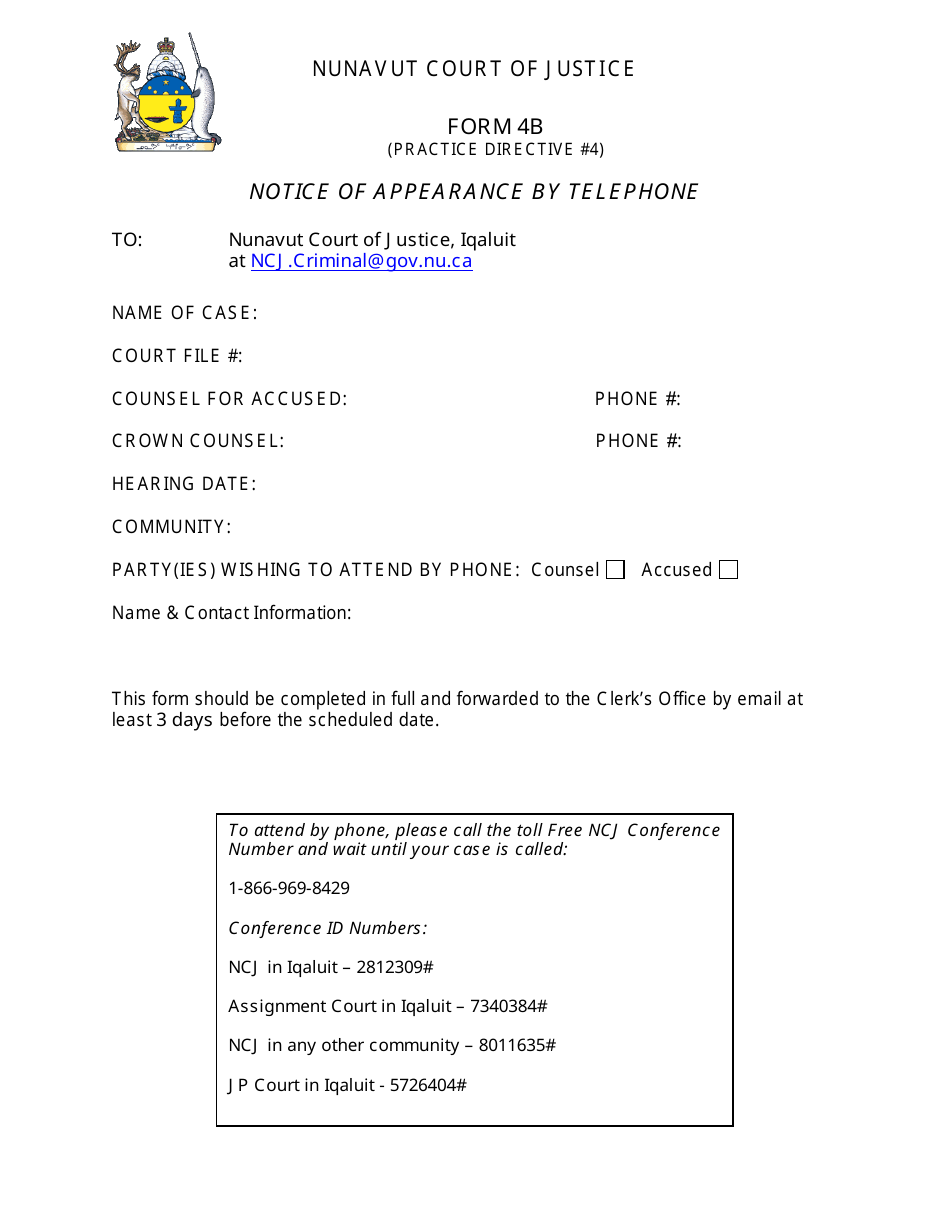 Form 4B Notice of Appearance by Telephone - Nunavut, Canada, Page 1