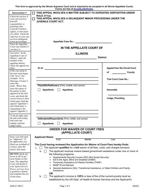 Form AWA-O1304.7 Order for Waiver of Court Fees - Illinois