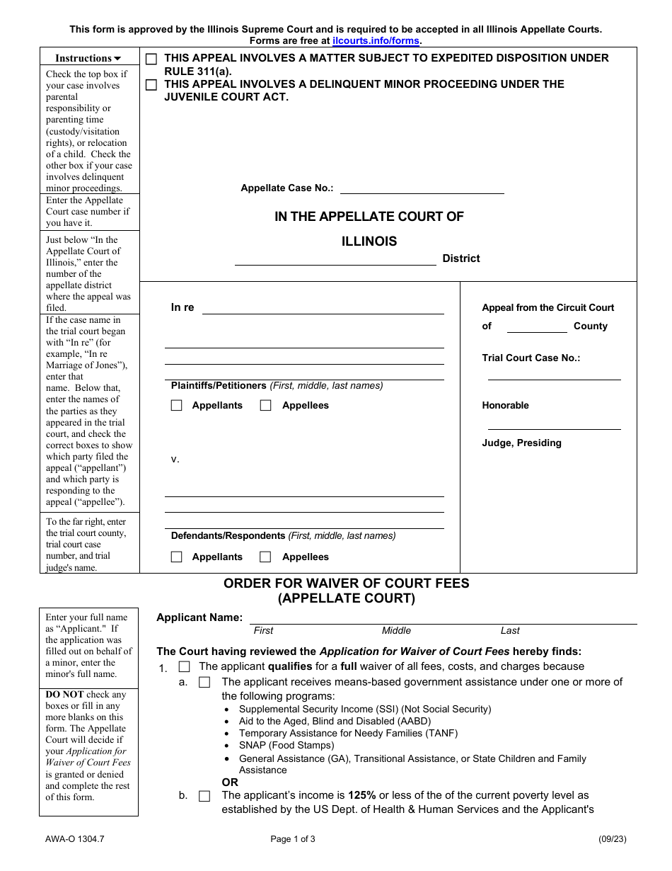 Form AWA-O1304.7 Order for Waiver of Court Fees - Illinois, Page 1
