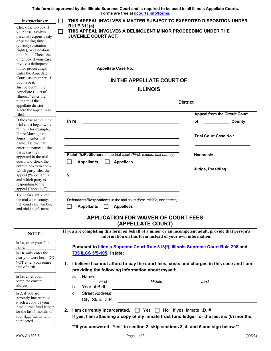 Form AWA-A1303.7 Application for Waiver of Court Fees - Illinois, Page 1