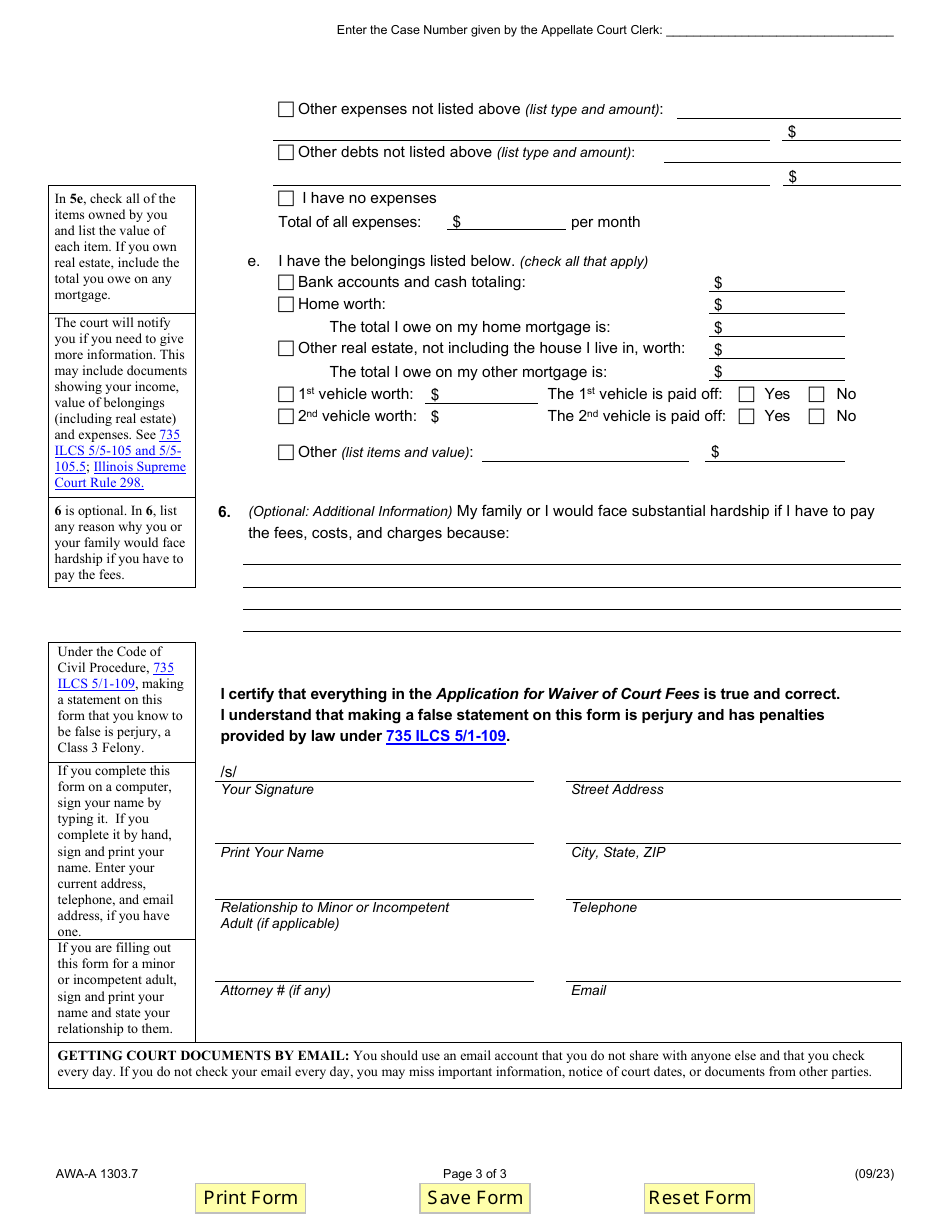 Form AWA-A1303.7 Application for Waiver of Court Fees - Illinois, Page 3