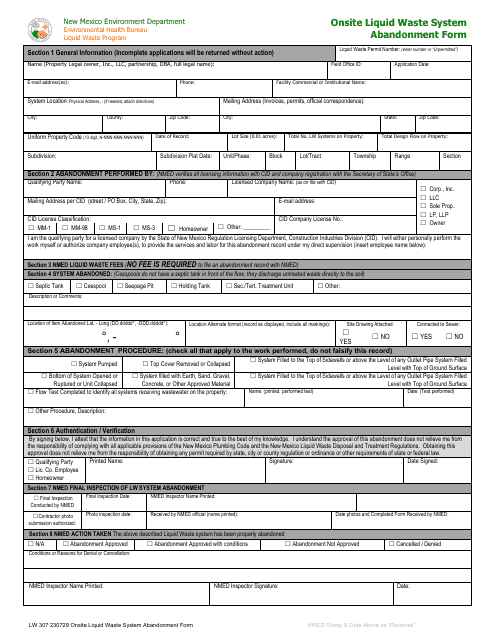 Form LW307 Onsite Liquid Waste System Abandonment Form - New Mexico