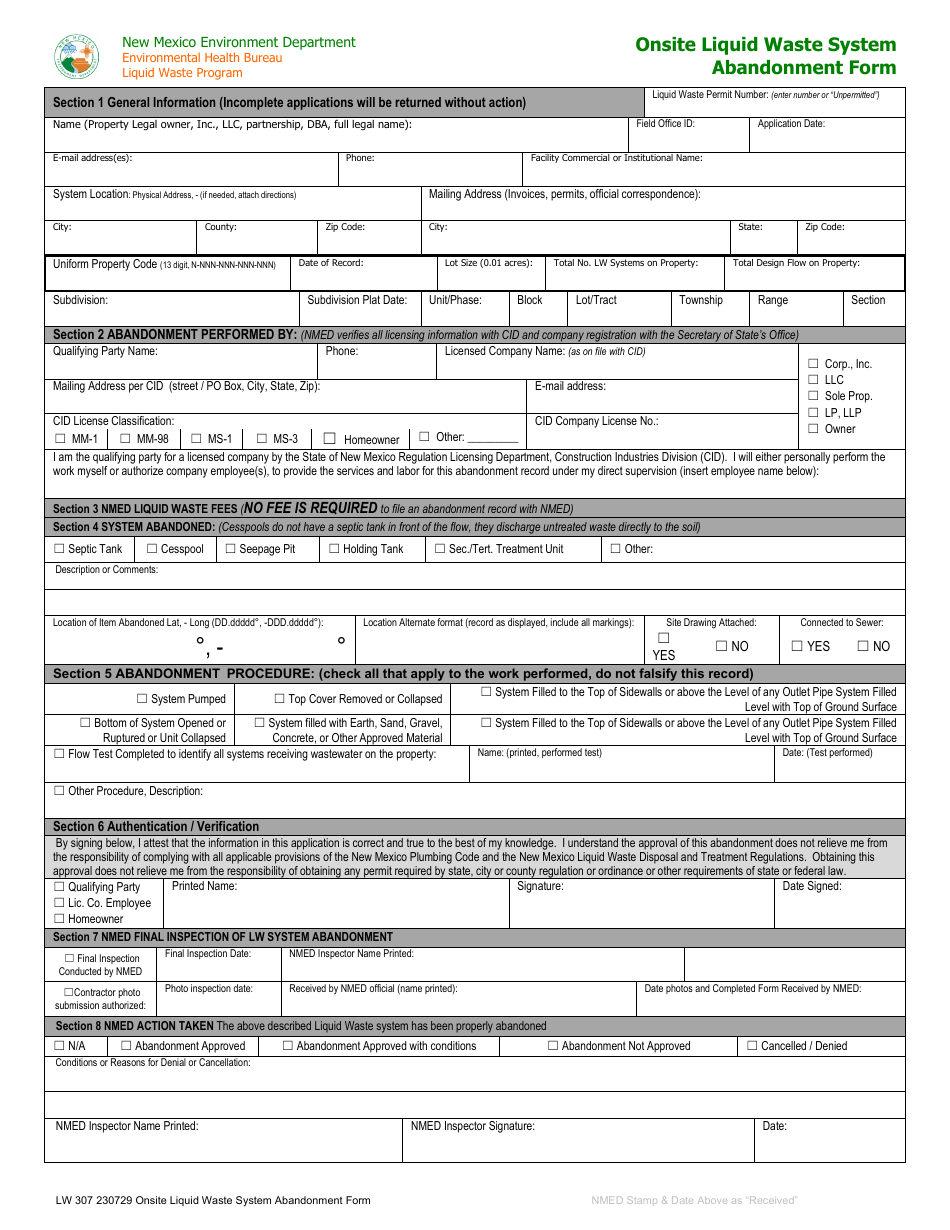 Form LW307 Onsite Liquid Waste System Abandonment Form - New Mexico, Page 1