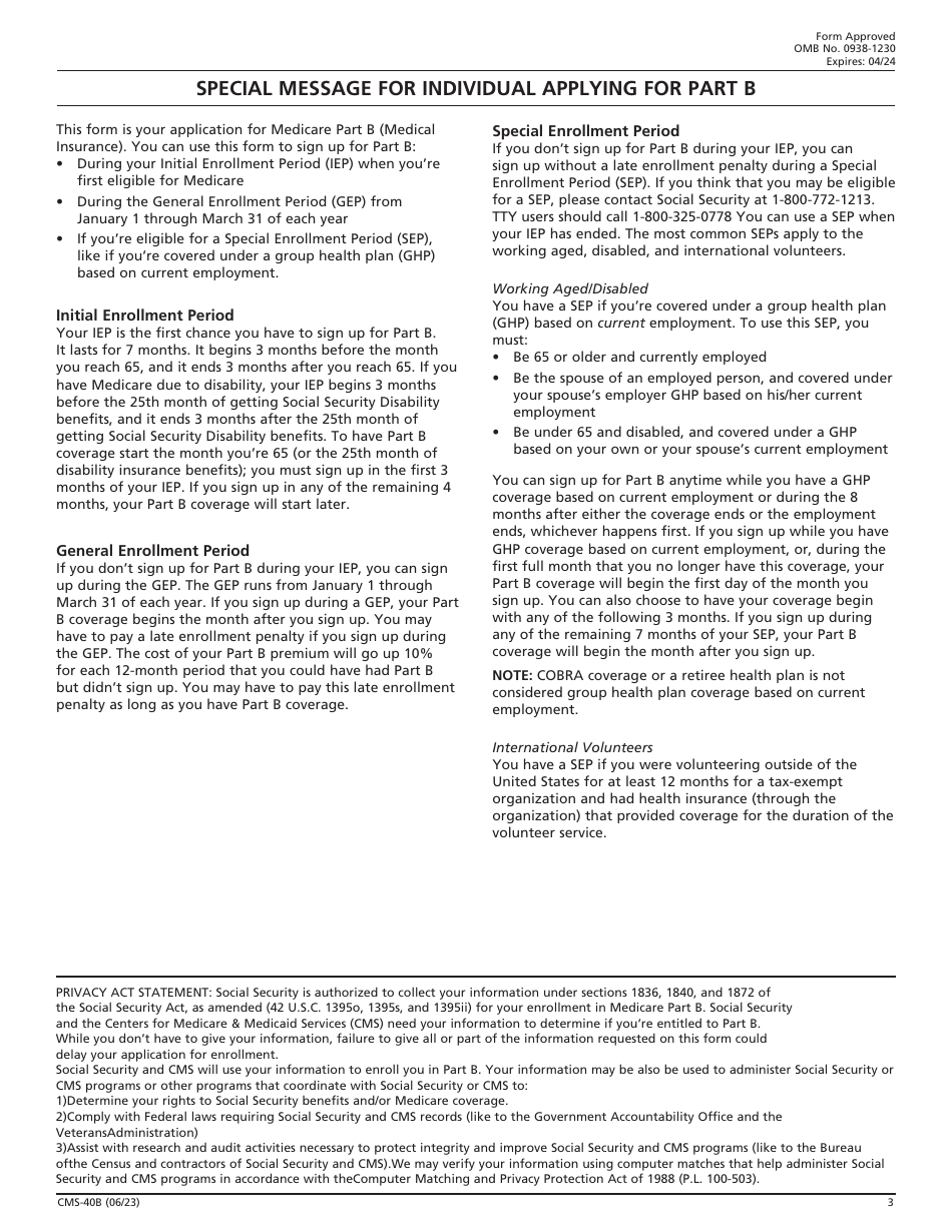 Form CMS-40B Application for Enrollment in Medicare Part B (Medical Insurance), Page 3