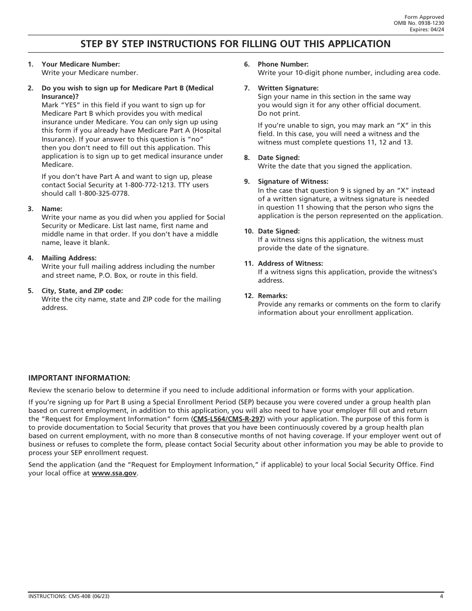 Form CMS-40B Application for Enrollment in Medicare Part B (Medical Insurance), Page 4