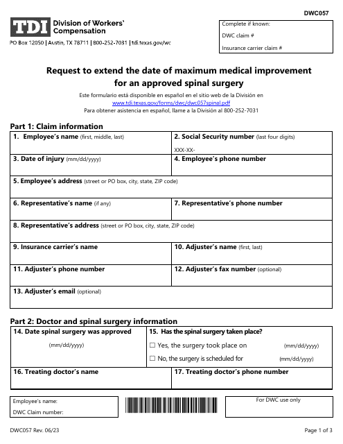 Form DWC057 Request to Extend the Date of Maximum Medical Improvement for an Approved Spinal Surgery - Texas