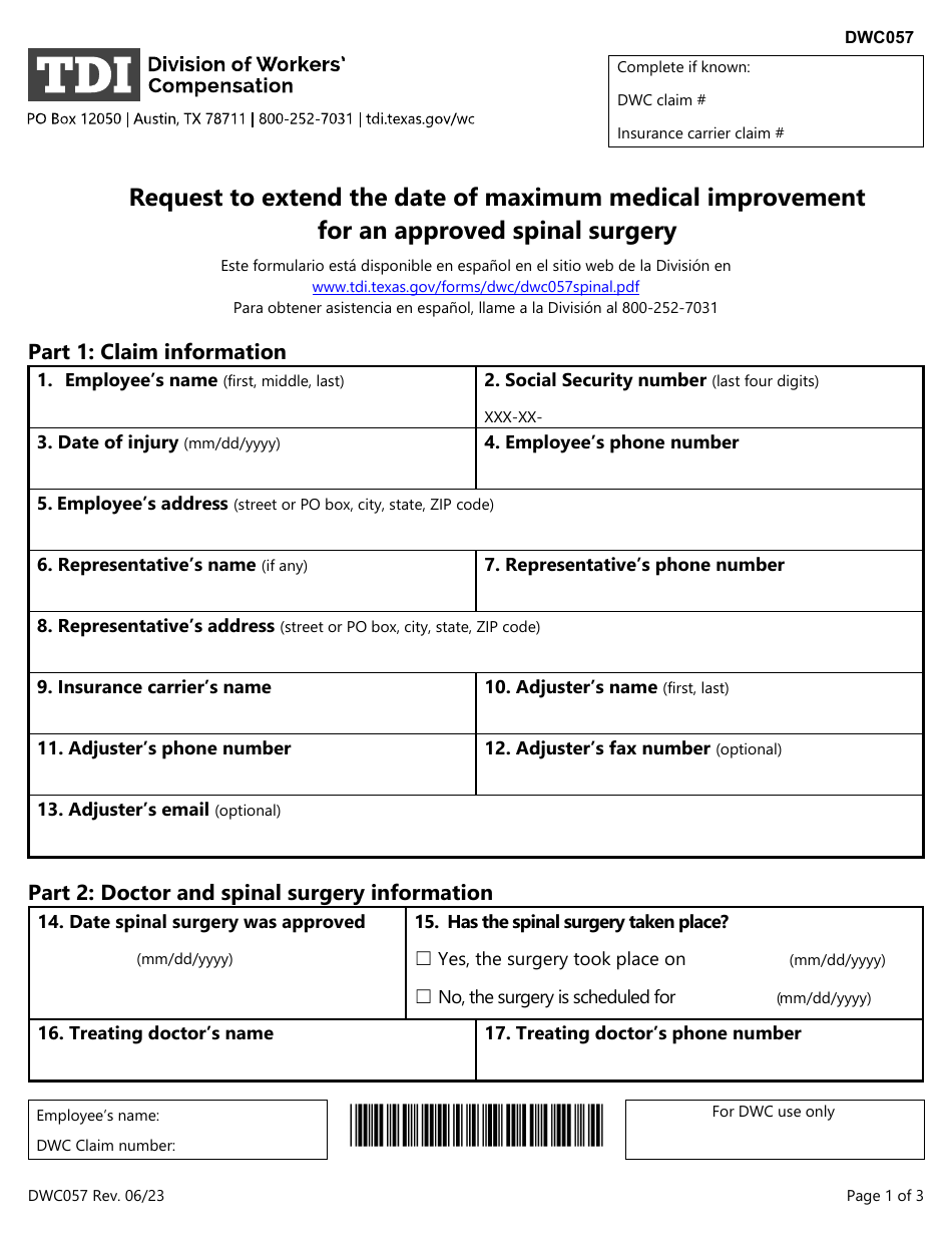 Form DWC057 Request to Extend the Date of Maximum Medical Improvement for an Approved Spinal Surgery - Texas, Page 1