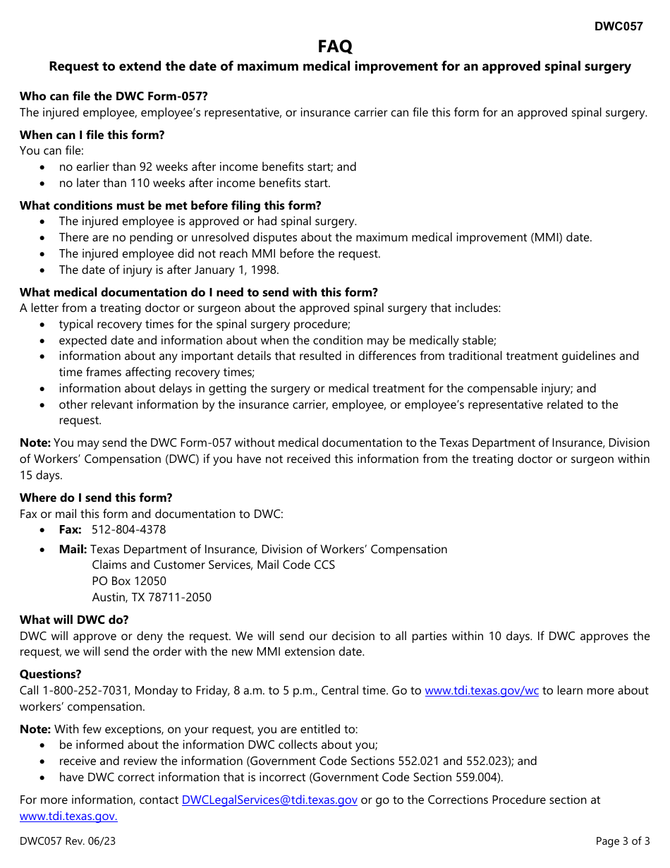 Form DWC057 Request to Extend the Date of Maximum Medical Improvement for an Approved Spinal Surgery - Texas, Page 3
