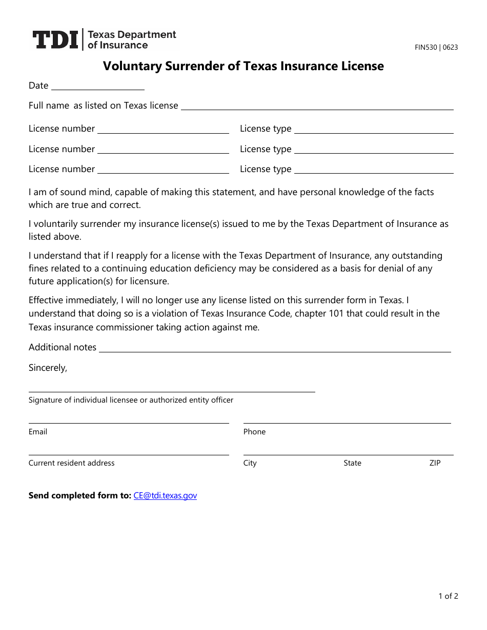 Form FIN530 Voluntary Surrender of Texas Insurance License - Texas, Page 1