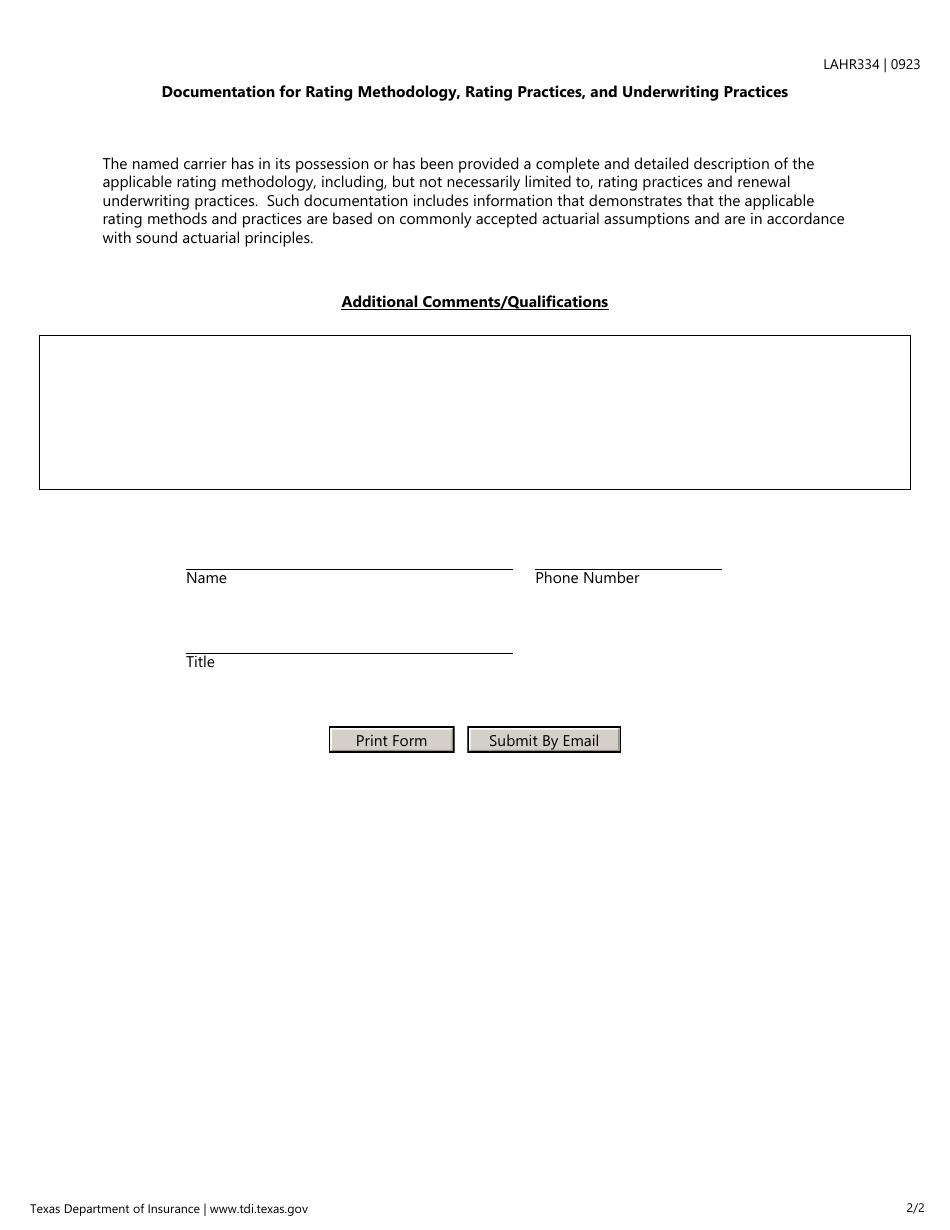 Form LAHR334 (1212 CERT ACTUARIAL) Annual Small Employer Health Benefit Plan Actuarial Certification - Figure 47 - Texas, Page 2