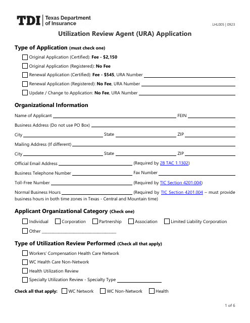 Form LHL005 Utilization Review Agent (Ura) Application - Texas
