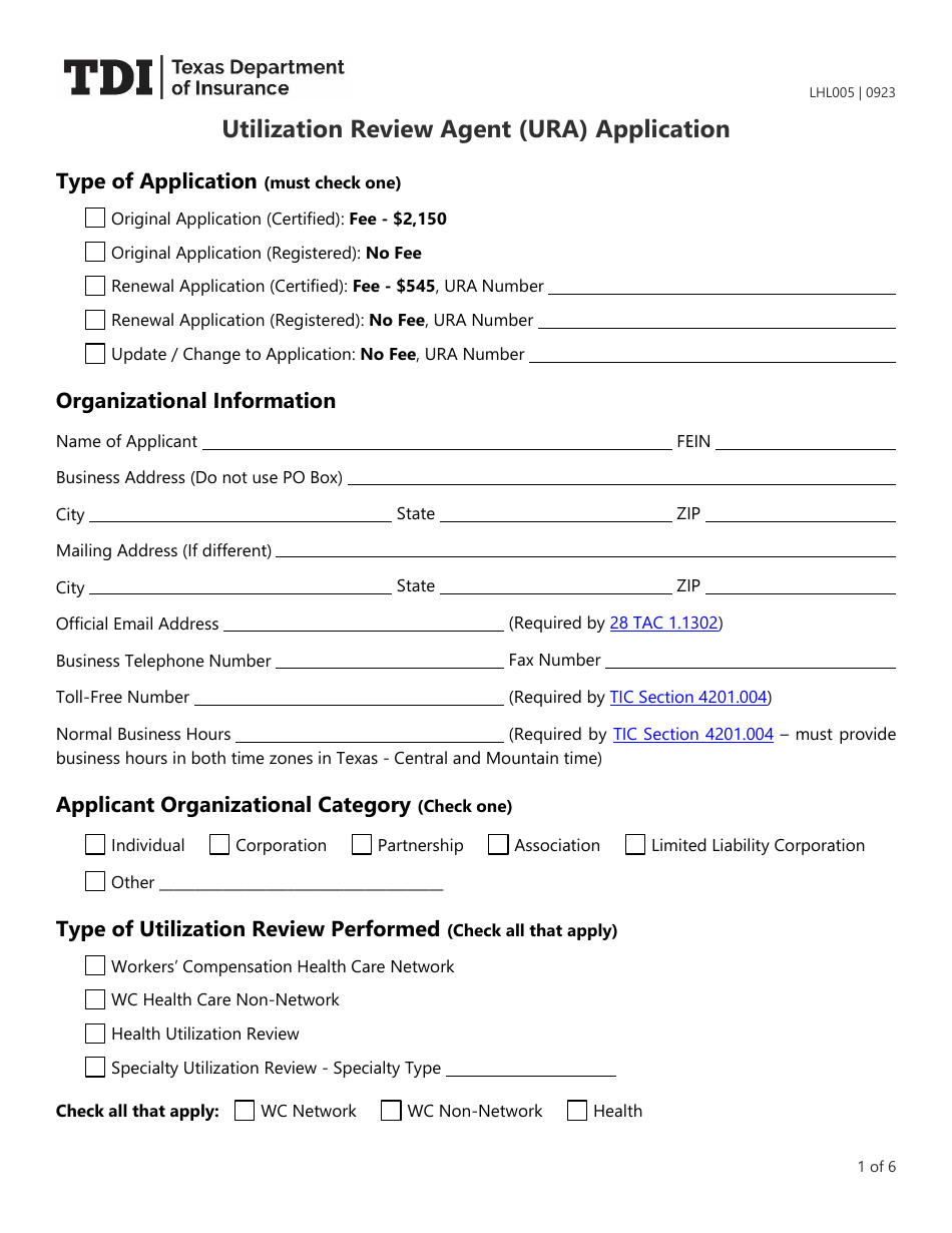 Form LHL005 Utilization Review Agent (Ura) Application - Texas, Page 1