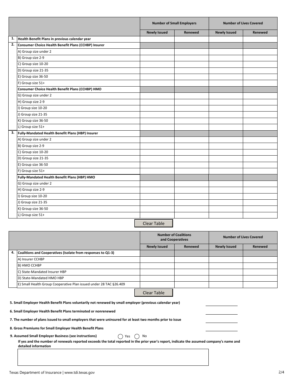 Form LAHR335 Form Number 1212 Cert Data Annual Small Employer Health Benefit Plan Report - Texas, Page 2