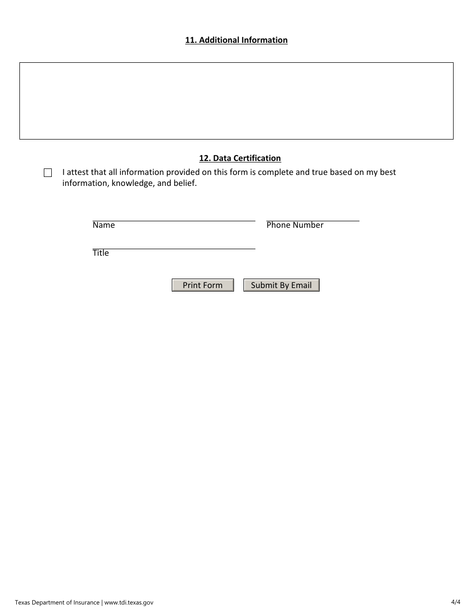 Form LAHR335 Form Number 1212 Cert Data Annual Small Employer Health Benefit Plan Report - Texas, Page 4
