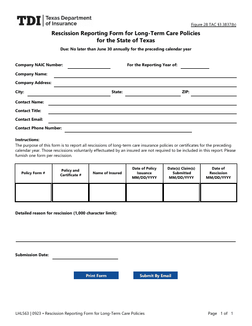 Form LHL563 Rescission Reporting Form for Long-Term Care Policies for the State of Texas - Texas