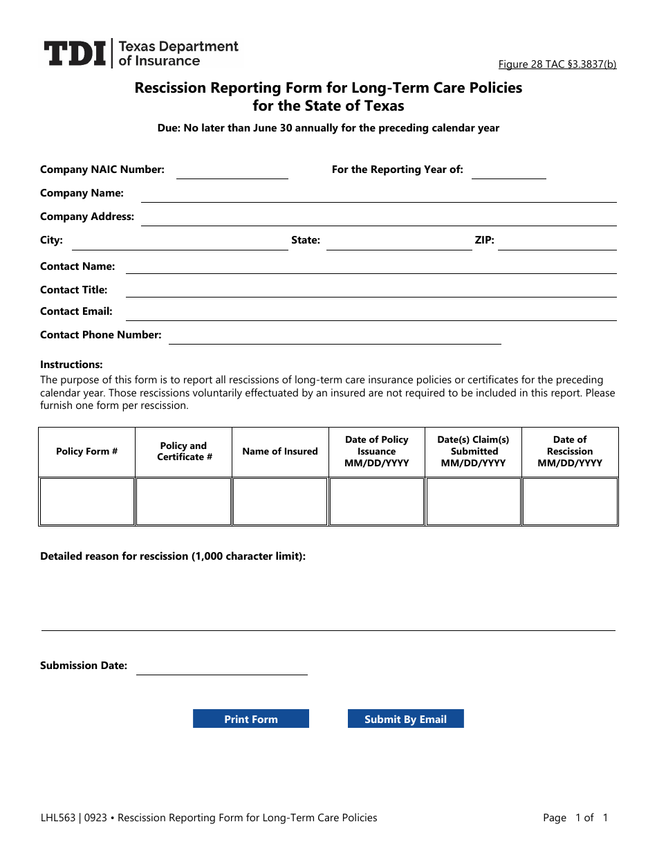 Form LHL563 Rescission Reporting Form for Long-Term Care Policies for the State of Texas - Texas, Page 1