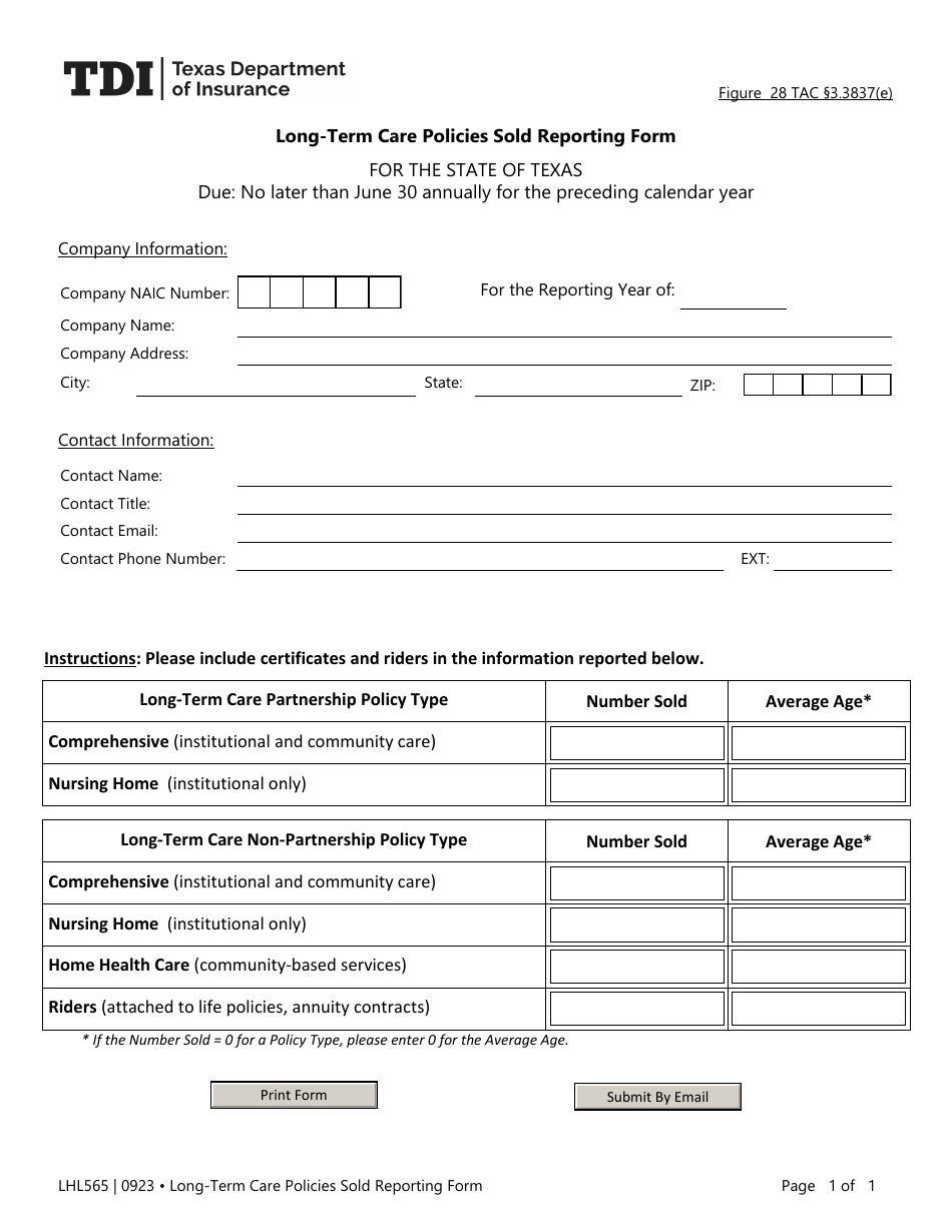 Form LHL565 Long-Term Care Policies Sold Reporting Form - Texas, Page 1