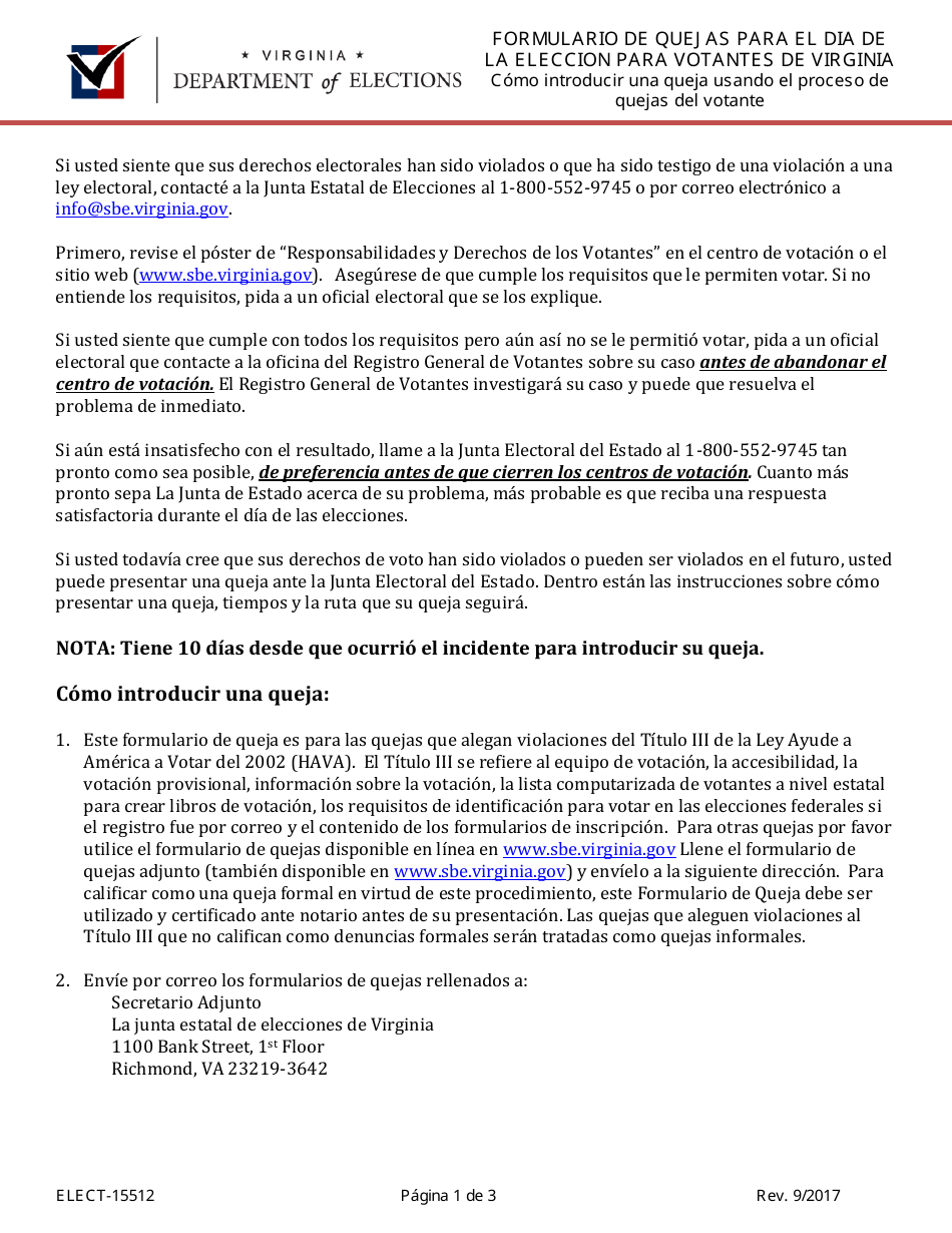 Formulario ELECT-15512 Formulario De Quejas Para El Dia De La Eleccion Para Votantes De Virginia - Virginia (Spanish), Page 1