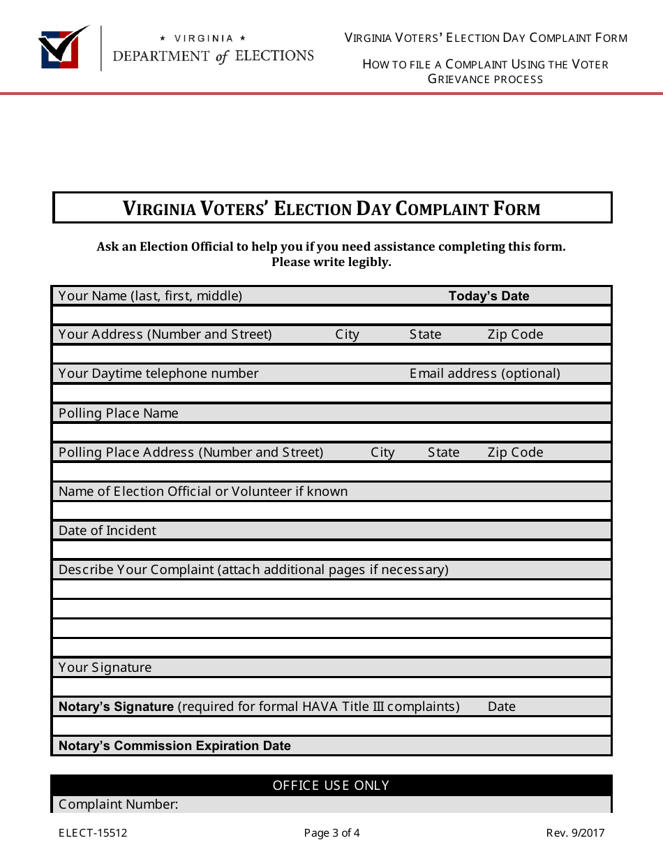 Form ELECT-15512 Virginia Voters Election Day Complaint Form - Virginia, Page 3