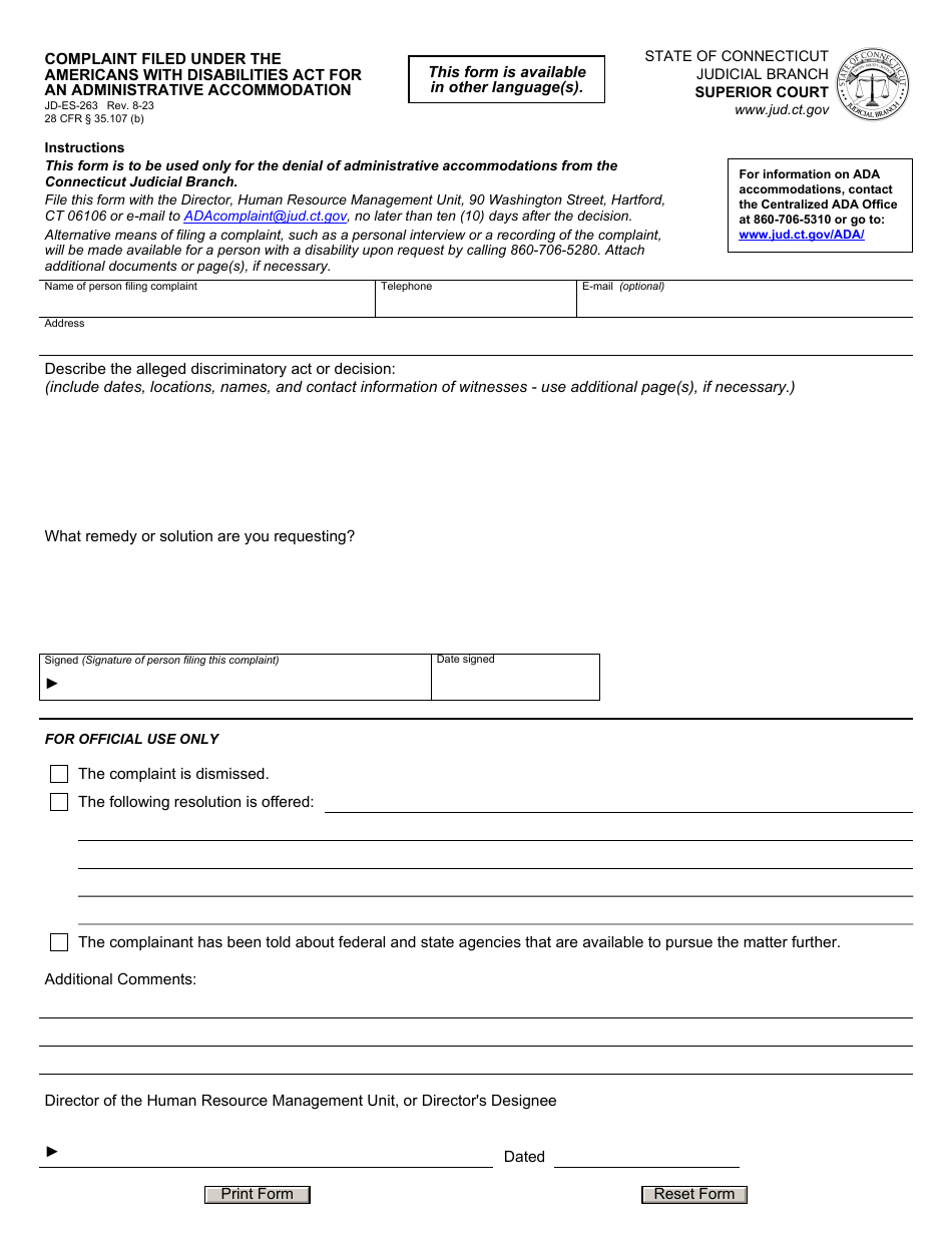 Form JD-ES-263 Complaint Filed Under the Americans With Disabilities Act for an Administrative Accommodation - Connecticut, Page 1