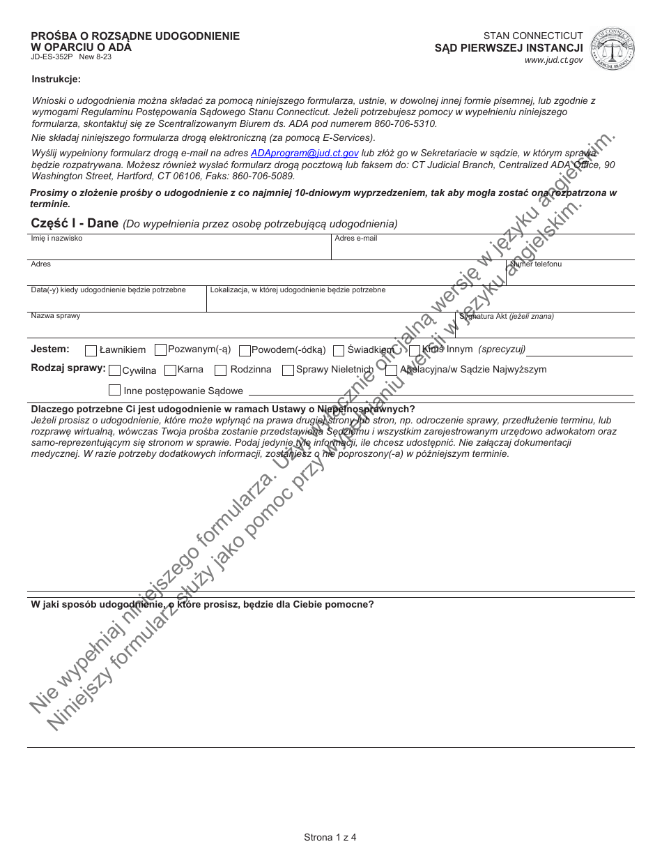 Form JD-ES-352P Ada Request for Reasonable Accommodation - Connecticut (Polish), Page 1