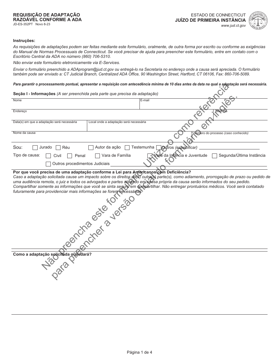 Form JD-ES-352PT Ada Request for Reasonable Accommodation - Connecticut (Portuguese), Page 1