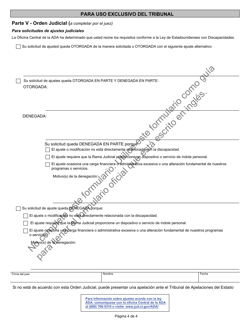 Formulario JD-ES-352S Solicitud De Ajuste Razonable Conforme a La Ley Ada - Connecticut (Spanish), Page 4
