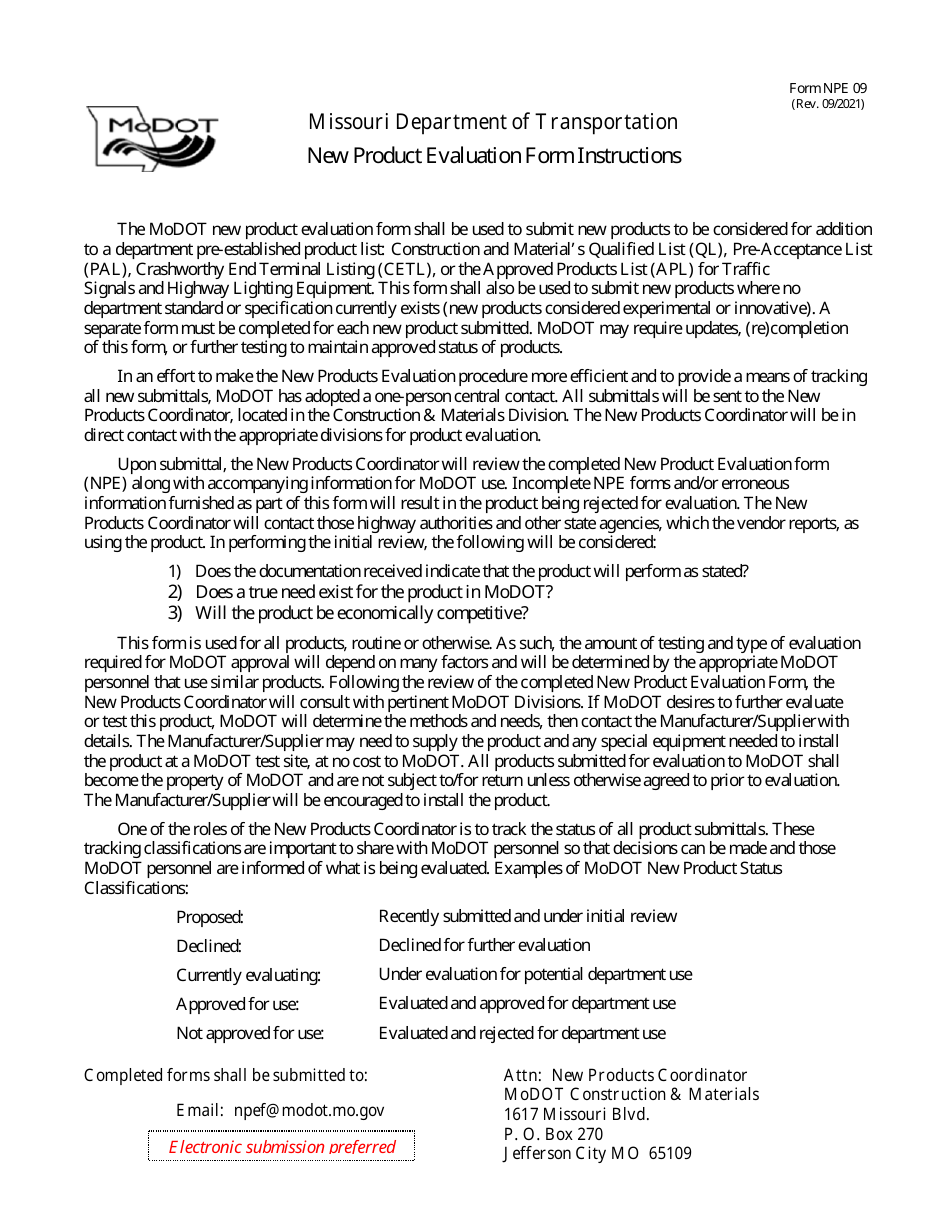 Form NPE09 New Product Evaluation Form - Missouri, Page 1