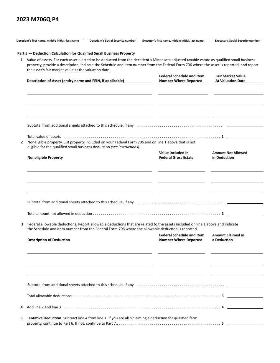 Schedule M706Q Election to Claim the Qualified Small Business and Farm Property Deduction - Minnesota, Page 4