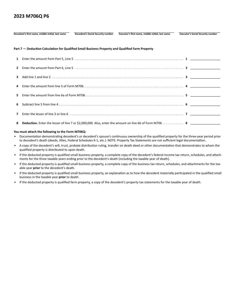 Schedule M706Q Election to Claim the Qualified Small Business and Farm Property Deduction - Minnesota, Page 6