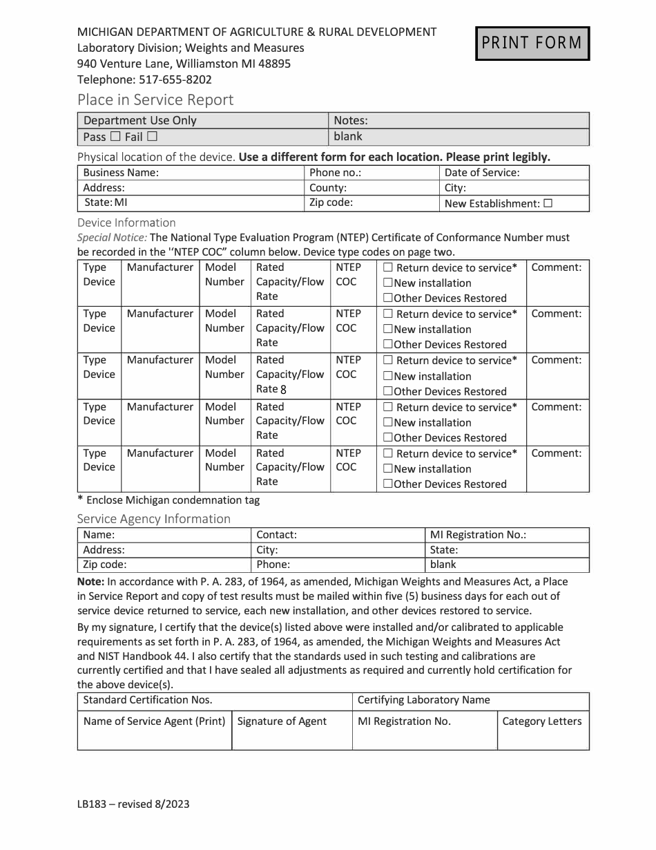 Form LB183 Place in Service Report - Michigan, Page 1