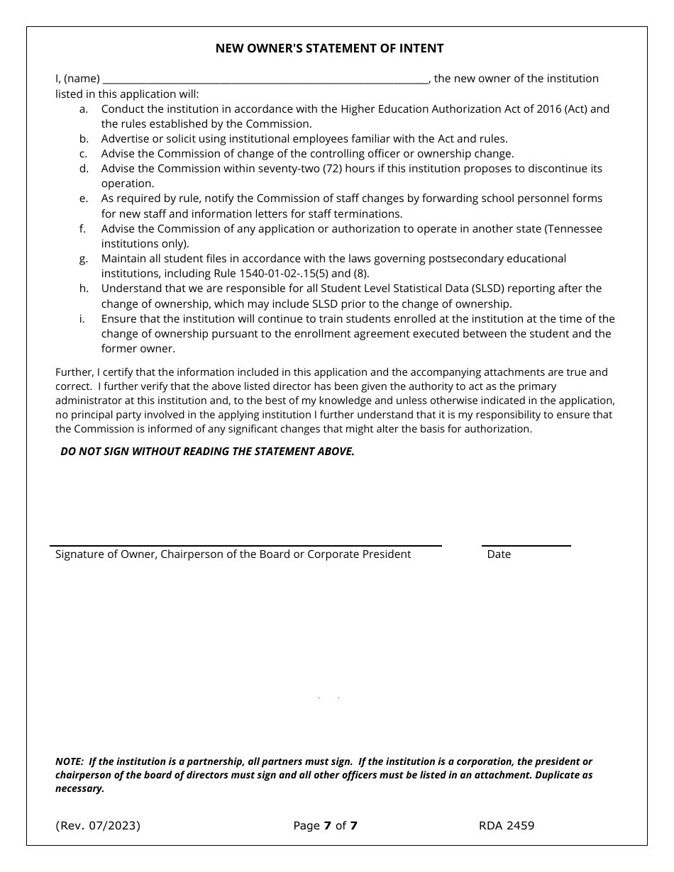 Application for Change of Ownership and Request for Conditional Authorization - Tennessee, Page 7