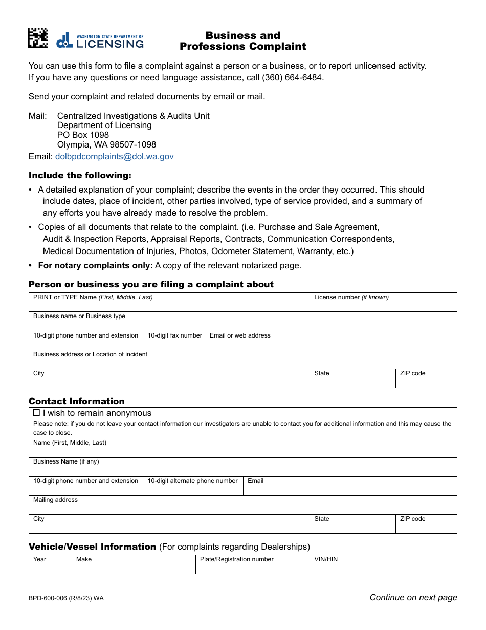 Form BPD-600-006 Business and Professions Complaint - Washington, Page 1