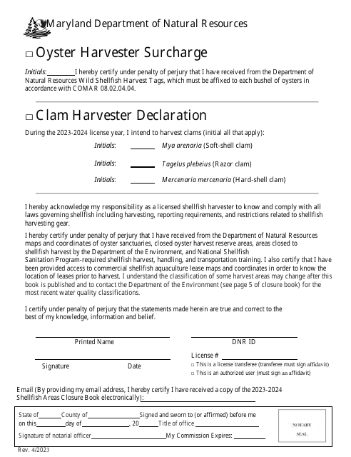 Oyster Harvester Declaration Form - Maryland, 2024