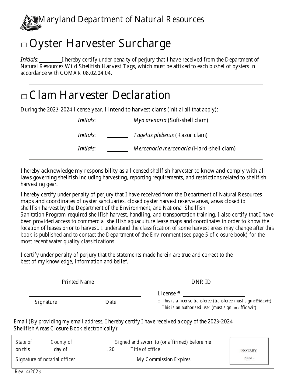 Oyster Harvester Declaration Form - Maryland, Page 1