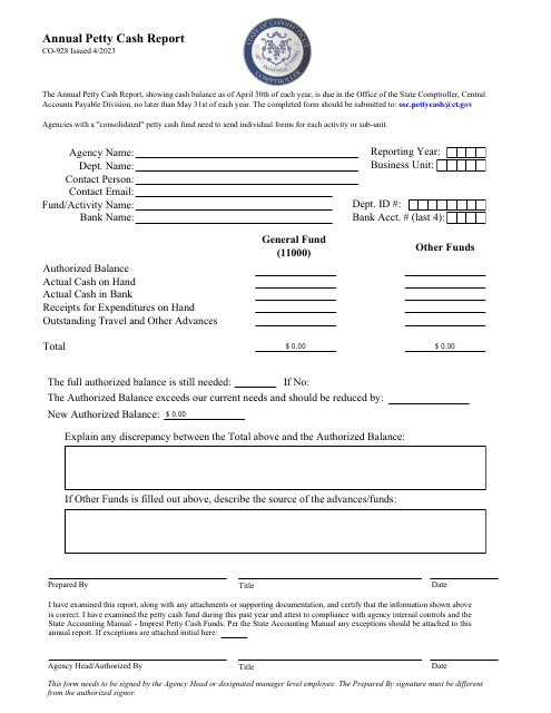 Form CO-928 Annual Petty Cash Report - Connecticut