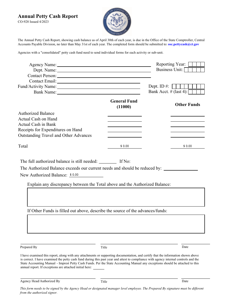 Form CO-928 Annual Petty Cash Report - Connecticut, Page 1