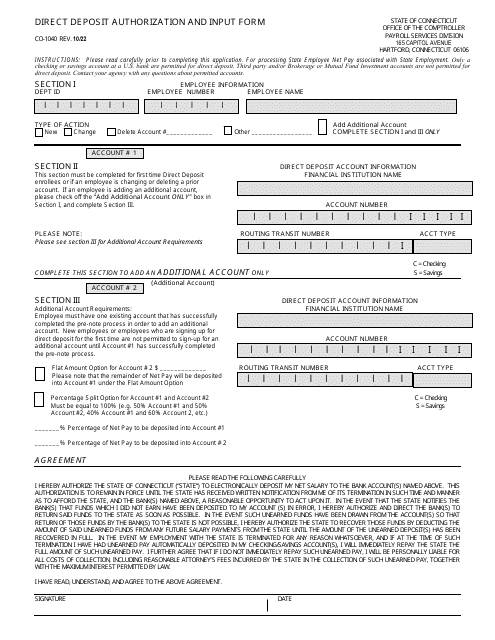 Form CO-1040 Direct Deposit Authorization and Input Form - Connecticut