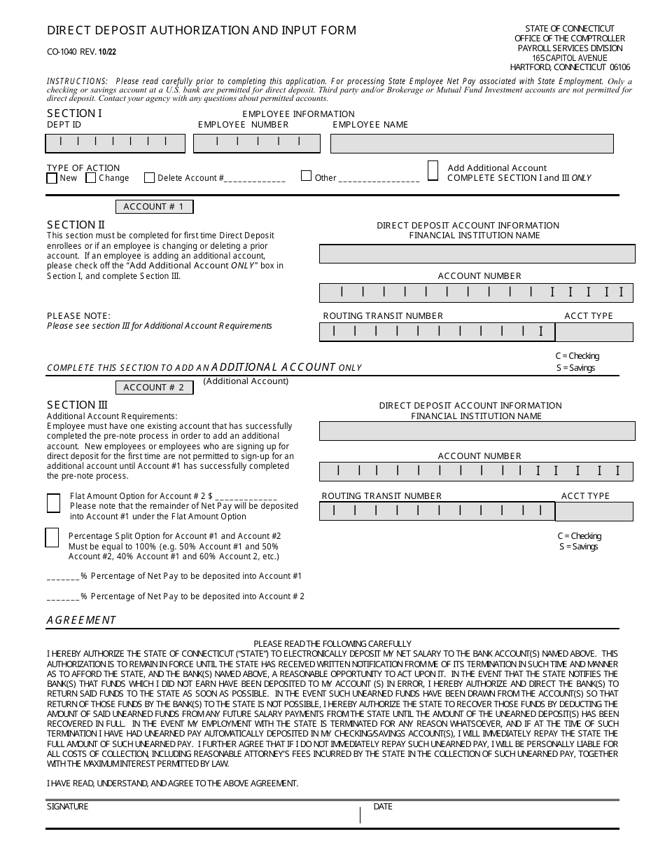 Form CO-1040 Direct Deposit Authorization and Input Form - Connecticut, Page 1