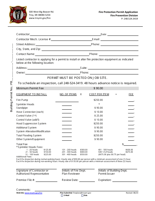 Fire Protection Permit Application - City of Troy, Michigan