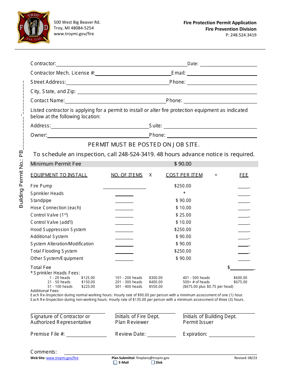 Fire Protection Permit Application - City of Troy, Michigan, Page 1