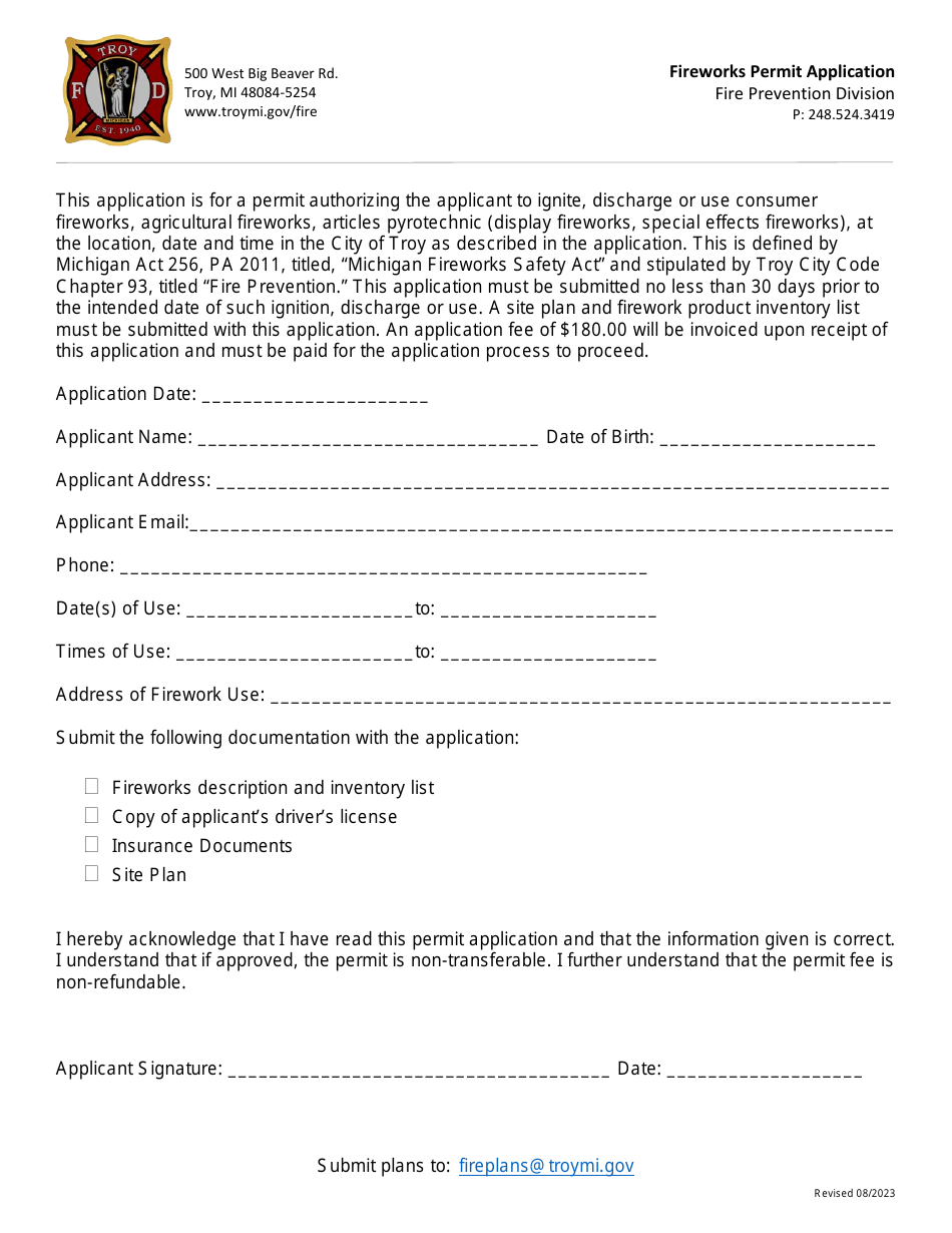 Fireworks Permit Application - City of Troy, Michigan, Page 1