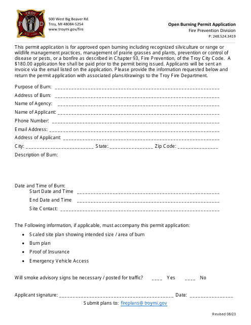 Open Burning Permit Application - City of Troy, Michigan Download Pdf